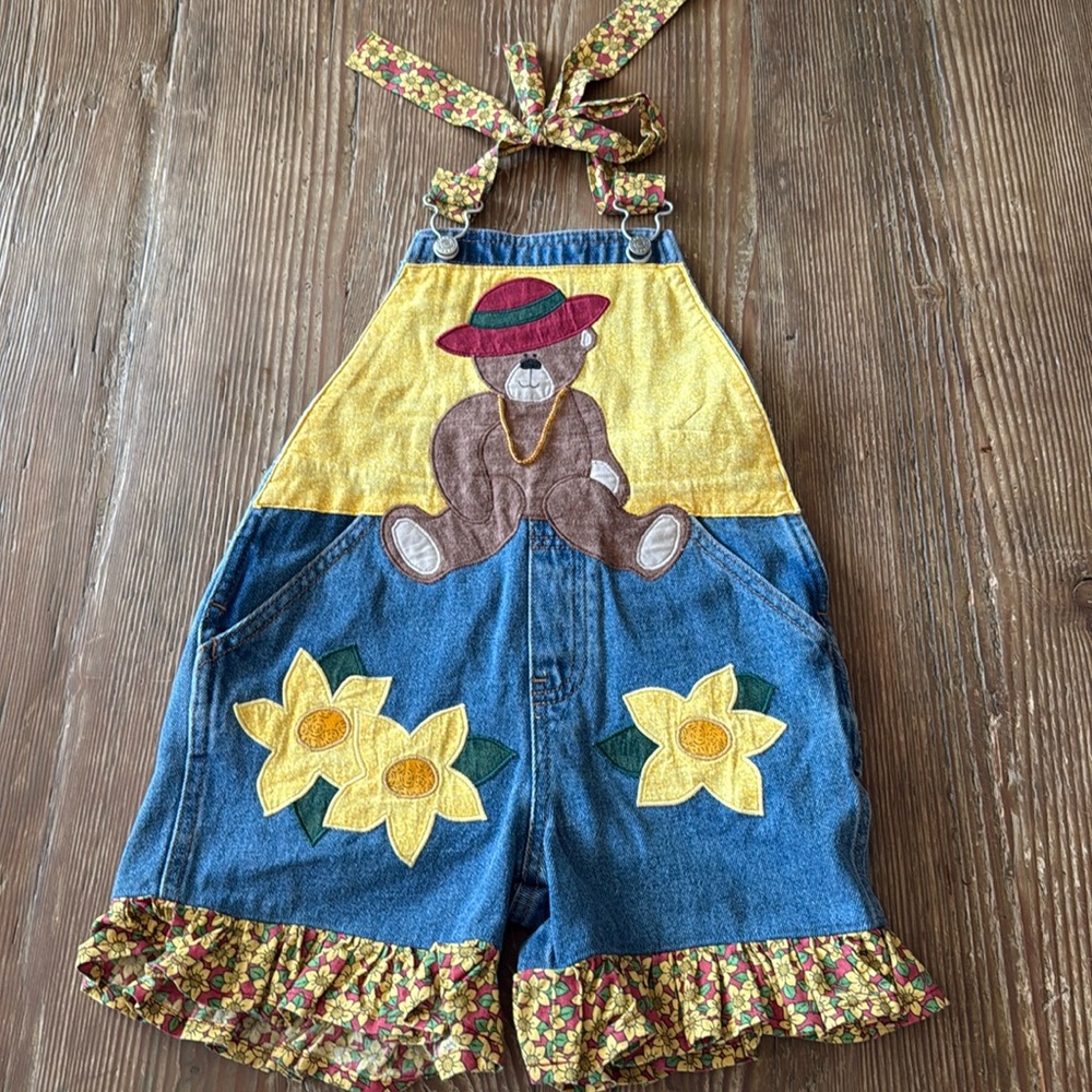 Custom bear and sunflower embroidered overalls size 4T